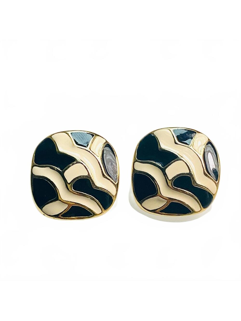 Vintage Alison Reed Black Enamel Gold Tone Earrings